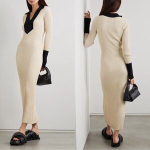 MALENE BIRGER Ahnea Two-Tone Ribbed-Knit Dress in Beige - XS